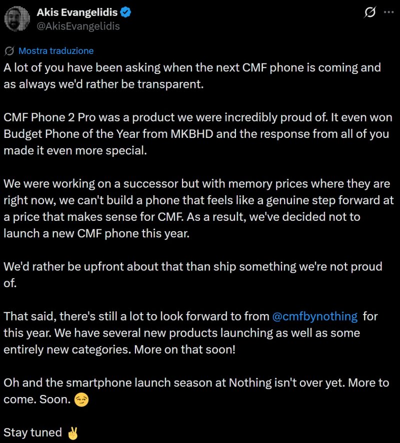 Akis Evangelidis, cofondatore di Nothing e responsabile della linea CMF, annuncia i motivi dietro la cancellazione del nuovo CMF Phone