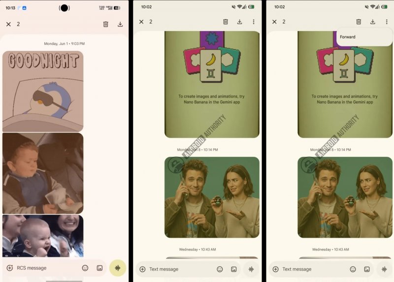 Come appare la selezione di messaggi multipli oggi (a sinistra); come apparirà dopo l'aggiornamento (al centro e a destra), fonte Android Authority