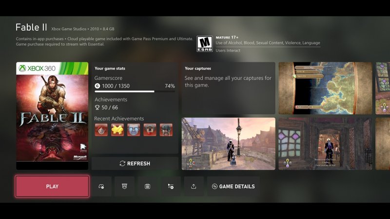 Un game hub di un gioco Xbox 360 (Fable 2)
