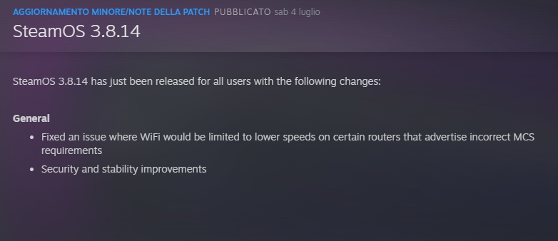 Steam Os Aggiornamento