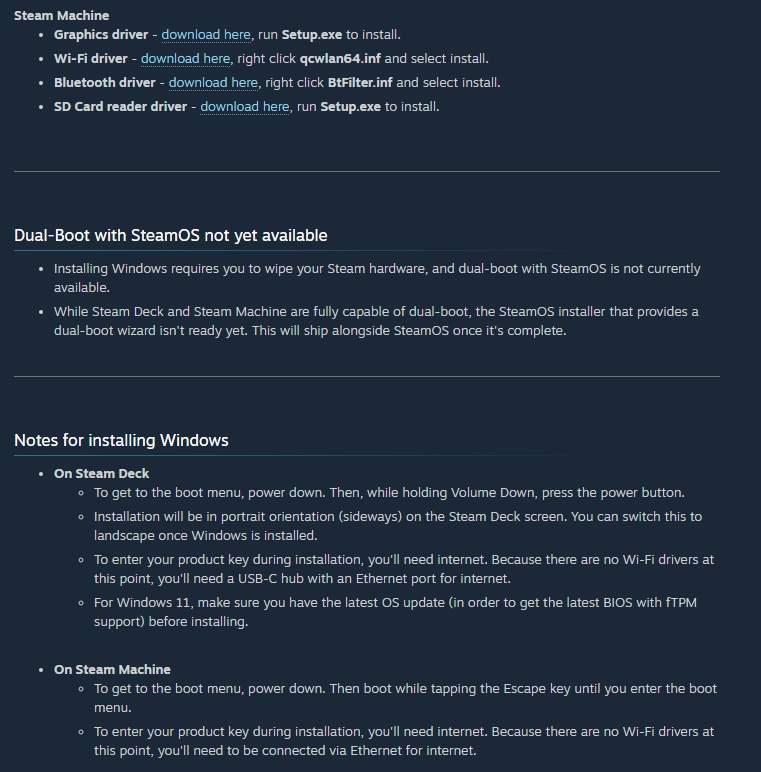 La pagina Steam dedicata ai driver Windows
