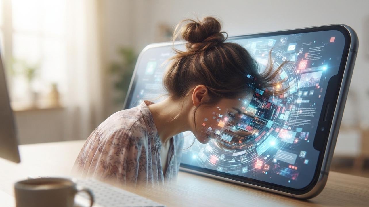 Una ragazza con la testa infilata nel display di un telefono