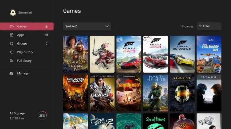 La nuova interfaccia con l'elenco dei giochi su Xbox