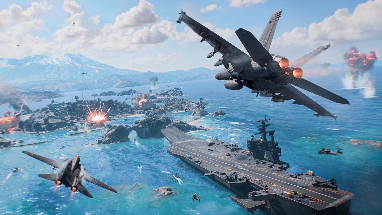 Interfaccia di Battlefield 6 con elementi di Top Gun, caccia militari e personaggi del film
