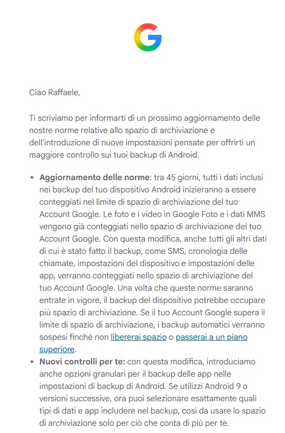 La comunicazione inviata agli utenti Android