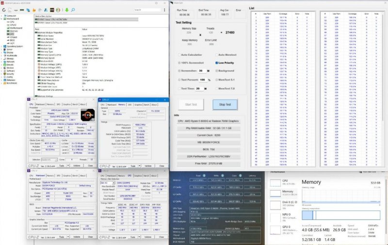 Schermata di test e benchmark che documenta l'overclock di un kit di memoria RAM da parte di Gigabyte
