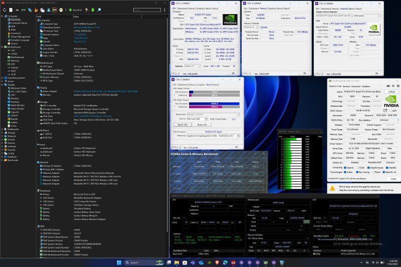 I primi benchmark del SoC NVIDIA RTX Spark su Windows 11 ARM64: la suite di test (CPU-Z, GPU-Z e AIDA64) mostra la GPU basata su architettura Blackwell affiancata da core ARM Cortex e 24 GB di memoria LPDDR5.