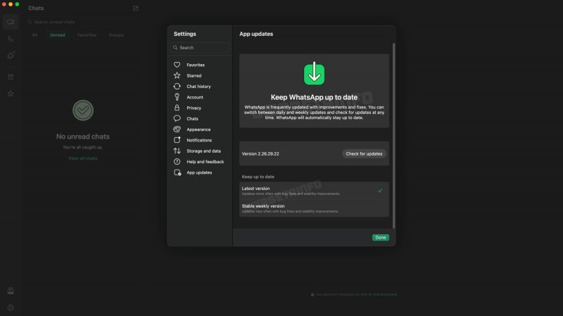 La nuova sezione 'Aggiornamenti dell'app' di WhatsApp per Mac