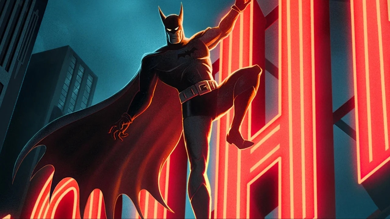 Un artwork che ritrae Batman nello stile della serie animata Caped Crusader
