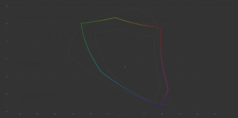 Il grafico CIE conferma l'ampia estensione del gamut del pannello Tandem OLED, con una copertura del 99,8% dello spazio sRGB, del 98% del DCI-P3 e dell'87,5% dell'Adobe RGB.