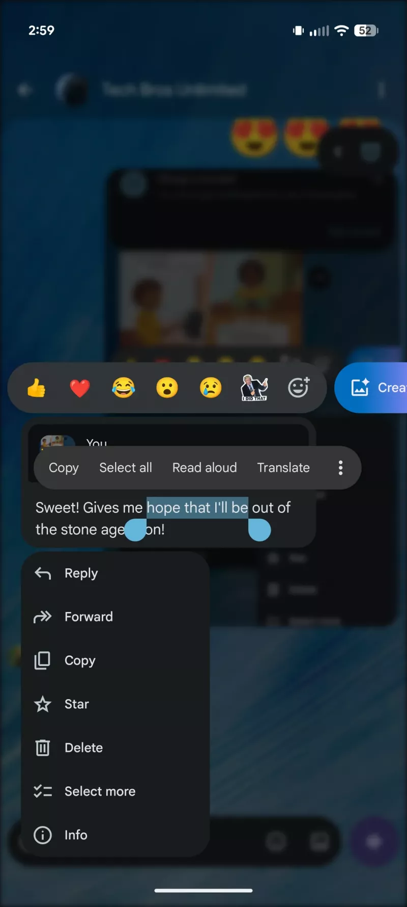 Come appare la nuova bolla di Google Messaggi con il menu delle azioni più vicino al testo