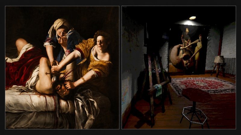 Il riferimento in gioco del dipinto della Gentileschi, Giuditta che decapita Oloferne, è ancora più esplicito in questo confronto
