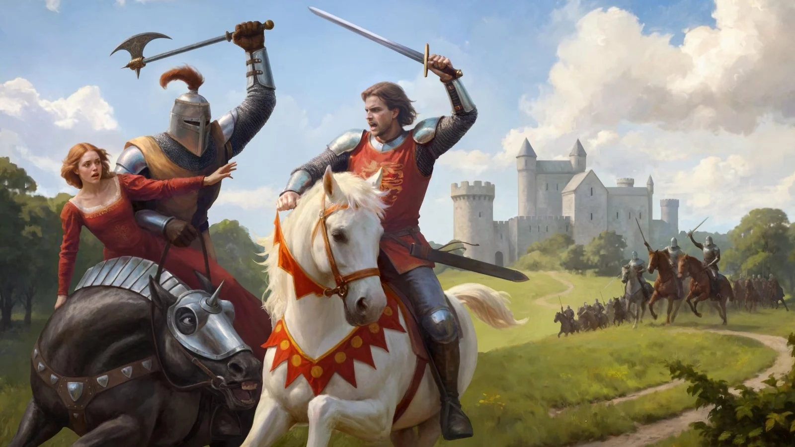 Due cavalieri di Defender of the Crown: The Legend Returns combattono per una fanciulla