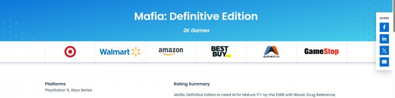 La classificazione dell'ESRB di Mafia: Definitive Edition