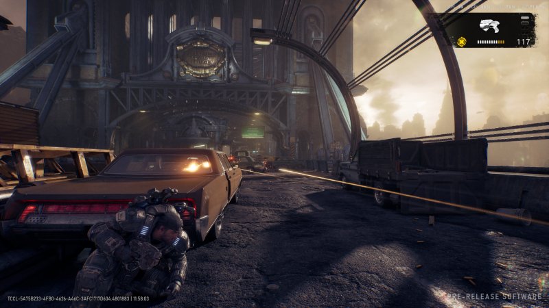 Marcus si avvicina al Ponte dell'Eredità in Gears of War: E-Day