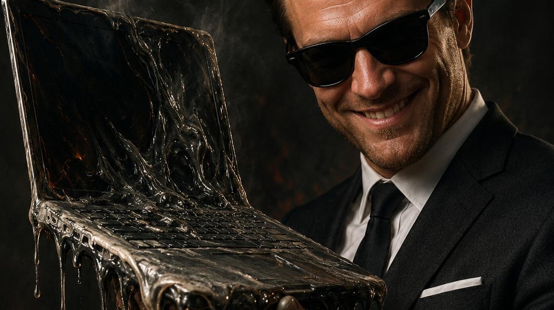 Un uomo in giacca e cravatta con in mano un laptop che si scioglie