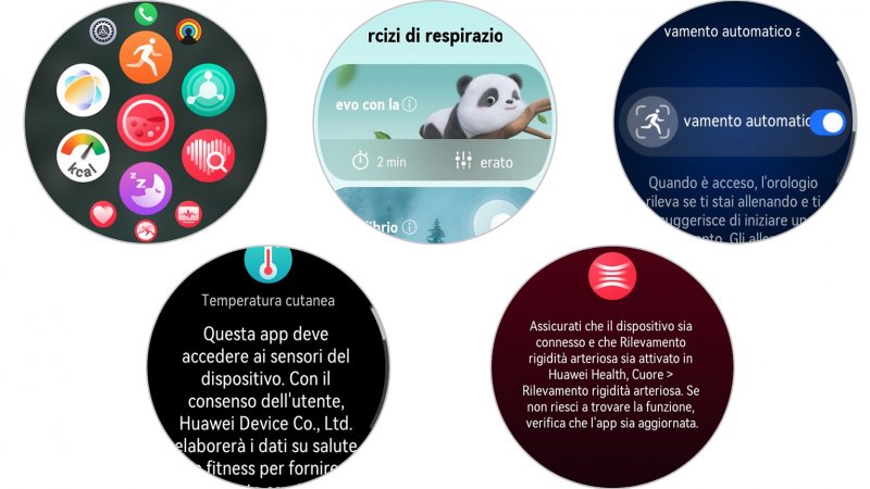 Alcune schermate di Huawei Watch GT 7 Pro: il cassetto delle app, gli esercizi con il companion animale, la selezione del rilevamento automatico dell'attività e alcune delle tante richieste di approvazione all'utilizzo dei dati