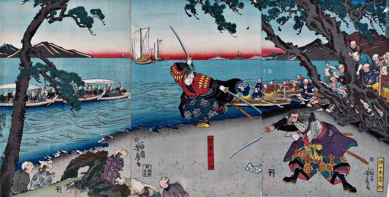 Ukyo-e di Yoshifusa Utagawa che mostra il duello tra Miyamoto Musashi e Kojiro Sasaki, una delle tante opere dedicate allo spadaccino più famoso del Giappone
