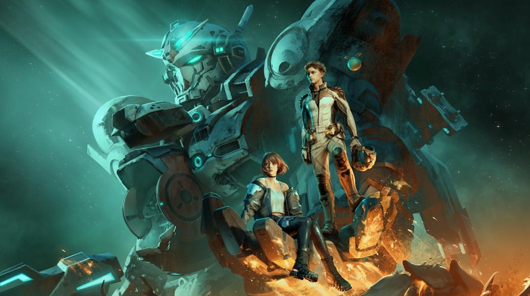 Un Gundam coi due protagonisti in primo piano
