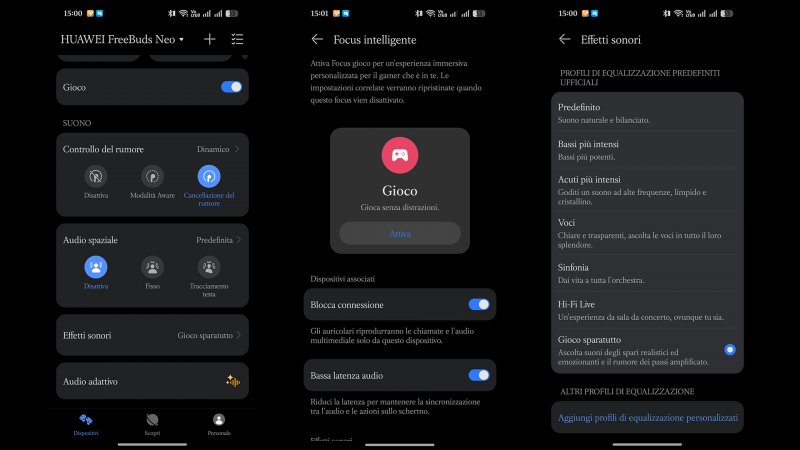 Alcune schermate dell'app Huawei Audio Connect legate alla modalità gaming.