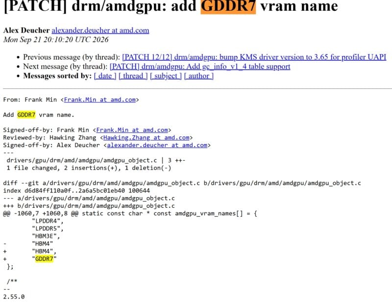 Reference to GDDR7 in the AMDGPU driver source for Linux.
