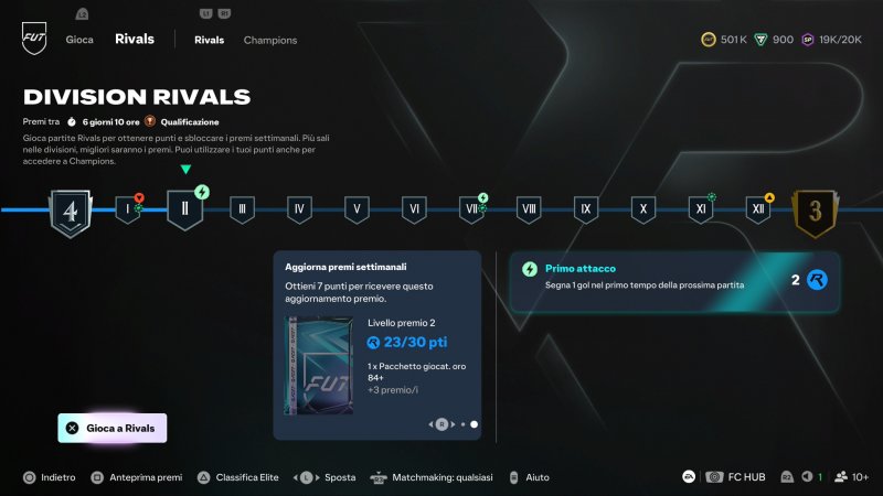 Le Division Rivals rappresentano una sfida in grado di mettere alla prova anche i giocatori più esperti. A destra possiamo notare anche una taglia che ci premierà con due punti Rivals aggiuntivi se completeremo l'obiettivo nella partita successiva