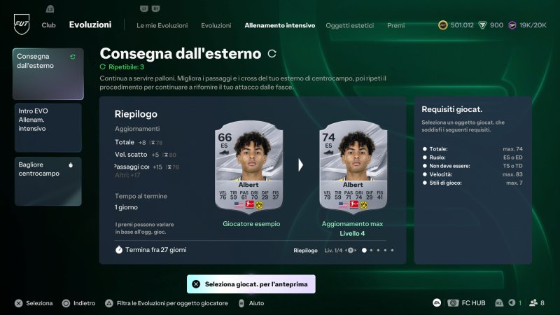 La sezione dedicata alle Evoluzioni. Scegliere il giocatore giusto può cambiare radicalmente il rendimento della squadra