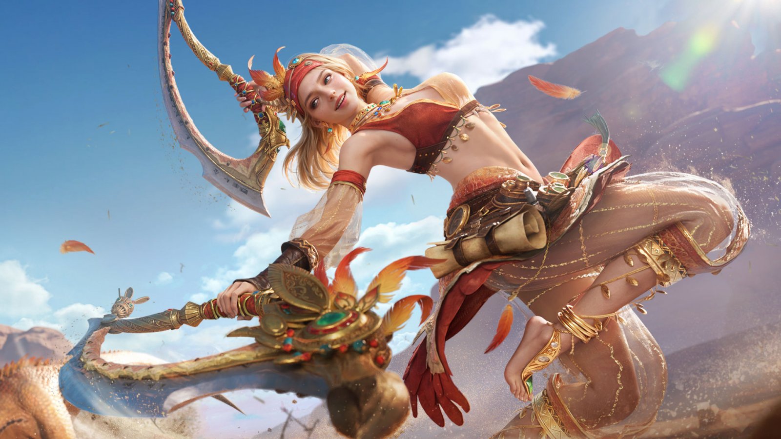 Un artwork di Monster Hunter Outlanders con in primo piano un'Avventuriera