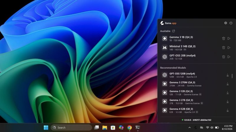 Llama Windows funziona su Windows 11 system tray con i modelli locali e raccomandati dall'hub Hugging Face pronti a essere cliccati senza passare da una riga di comando