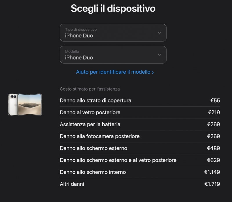 Ecco il listino completo degli interventi riportati nella pagina italiana di assistenza