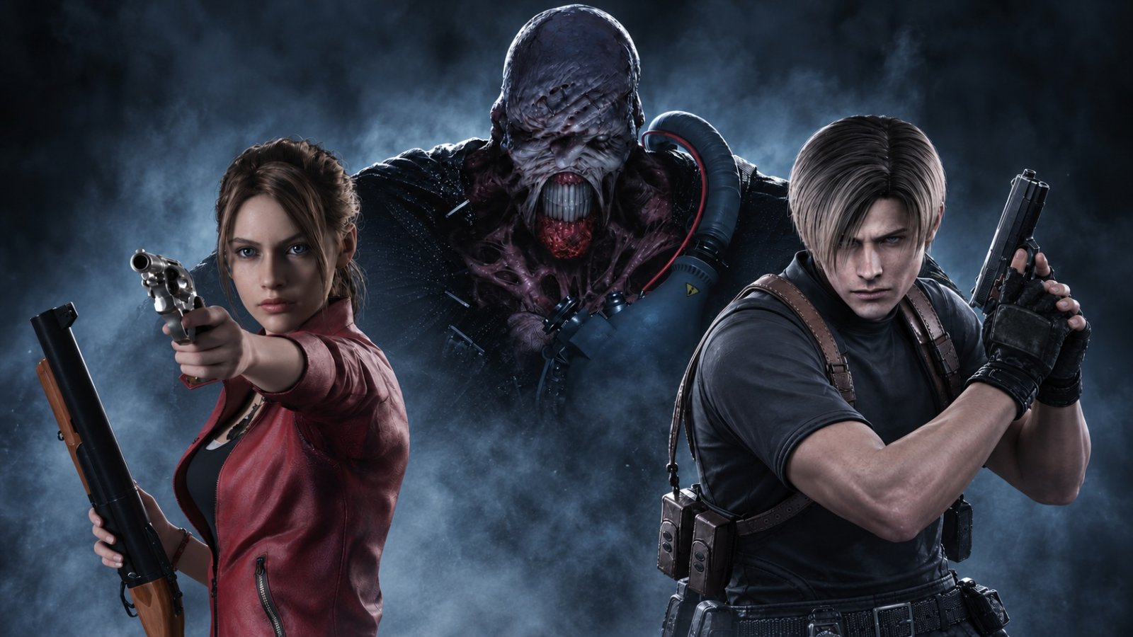 Un artwork che mostra alcuni dei protagonisti di Resident Evil 2, 3 e 4