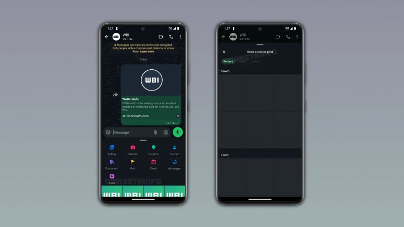 La condivisione dei reel Instagram sarà possibile direttamente dal menu allegati di WhatsApp (fonte: wabetainfo)